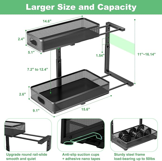 Under Sink Organizer 2 Pack, High Adjustable 2 Tier Under Sink Organizers and Storage, Slide out Metal Cabinet Organizers, Pull out Storage Drawer Shelf for Kitchen Bathroom Cabinet