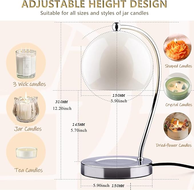 Modern Candle Warmer Lamp, Wide Base Candle Warming Lamp with Timer and Dimmer, Adjustable Wax Burner Light Top Down for Wax Melting, Home Art Decor (White)