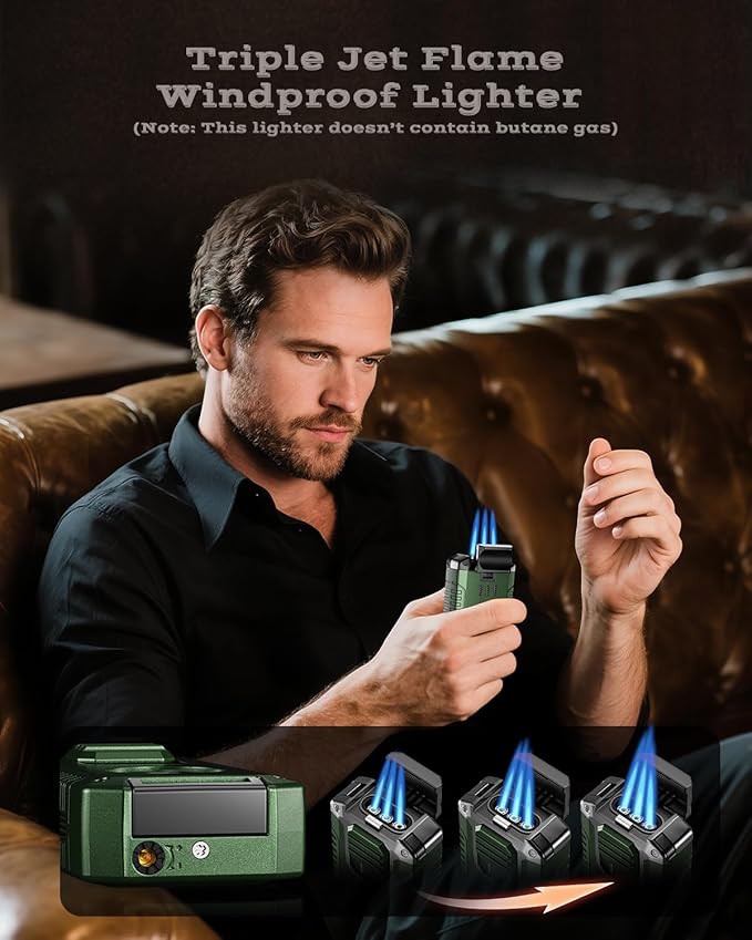 5-in-1 Torch Lighter with Tool, Punch, Holder, and Draw Enhancer Tool, Triple Windproof Jet Flame, Refillable Lighters with Accessories, Cool Lighter Gifts for Men, Butane Lighter for Candle, Travel