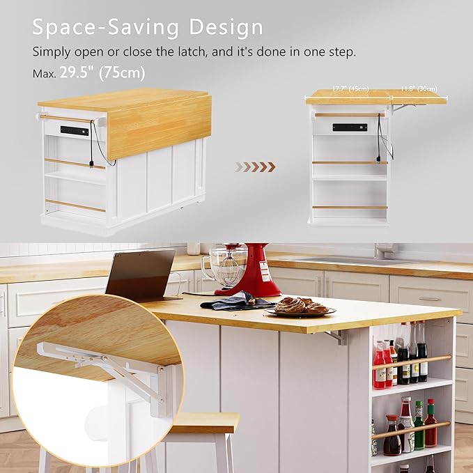 Amposei Kitchen Storage Island on Wheels with 2 Bar Stools, Rolling Drop Leaf Kitchen Island Cart with Power Outlet, Open Side Racks, Door Shelves and Towel Bar, 53-Inch, White