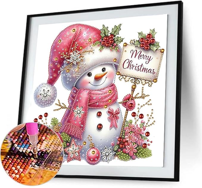 Pink Snowman 5D Special Shape Diamond Art Kits for Beginners, Christmas Winter Theme Diamonds Painting Kits for Adults,DIY Crystal Rhinestones Diamond Paintings for Home Wall Decor 12×12Inch