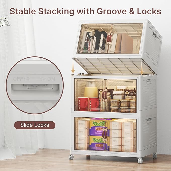 UAMFURI Stackable Storage Bins with Lids, 288QT Closet Organizers, Lockable Storage Cabinet，Foldable Storage Box with Doors and Wheels, Plastic Drawers for Home, Garage, Office (6, White, Medium)