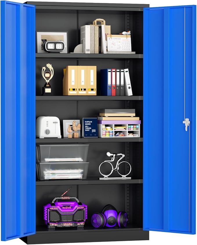 Superday Metal Storage Cabinets, 72" Storage Cabinet with Locking Door, Tall Garage Cabinet with 2 Doors and 4 Adjustable Shelves for Home Office, Classroom, Easy Assemble(Black Blue)
