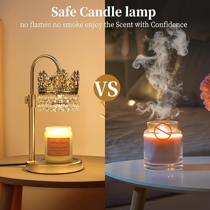 Candle Warmer Lamp with Timer Dimmer Adjustable Height with 2 Bulbs Crystal Candle Lamp Elegant Home Decor for Valentine's Day Gift Wax Melt Warmers for Women Birthday Gift (Gold)