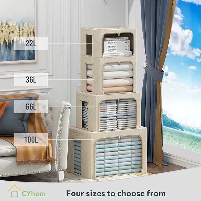 CYhom 4 Pack Clothes Storage Bins with Metal Frame - Linen Fabric Foldable Stackable Container Organizer Set with Clear Window & Carry Handles & Zippers (Beige, 15.7"x11.8"x7.8")