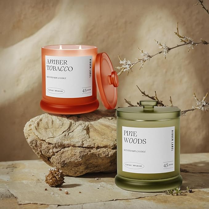 Hidden Label Amber Tobacco Scented Candle, 2 Wick Large Candles for Home Scented, 13oz Natural Soy Wax, 75Hours Long Lasting Slow Burning, Aromatherapy Candle with Reusable Glass Jar