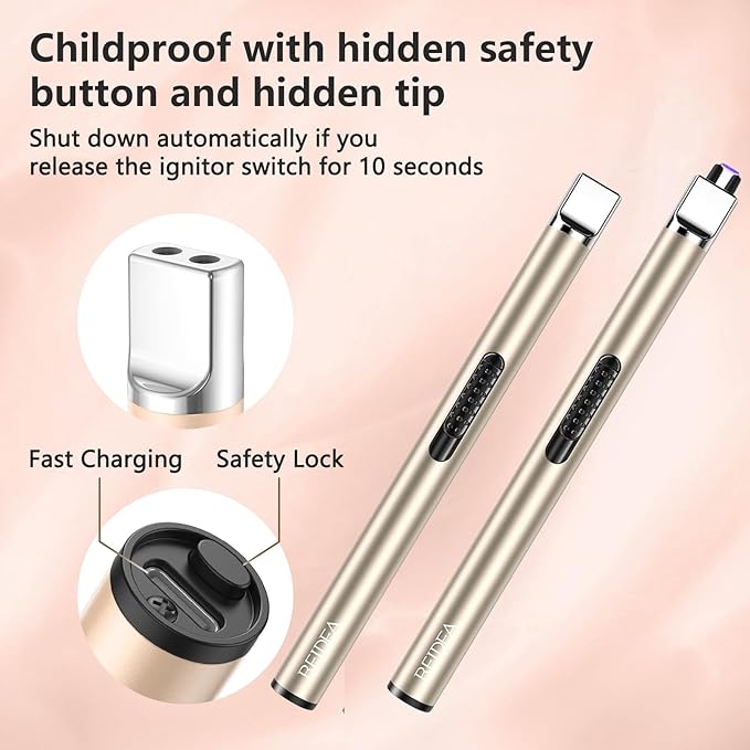 REIDEA Candle Lighter Electronic Arc Windproof Flameless USB Rechargeable Lighter with Safe Button for Home Kitchen, S4, Champagne Gold
