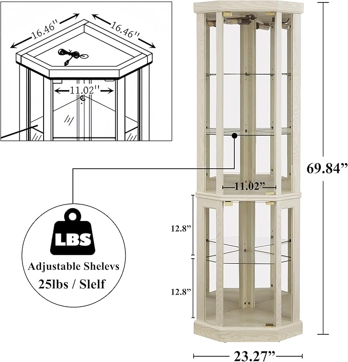 69" H Lighted Curio Cabinet Corner Display Case,Corner Glass Cabinets with Tempered Glass Door and Adjustable Shelves,Wooden Curio Cabinet with Mirrored Back Pane(Style 1 - Antique White)