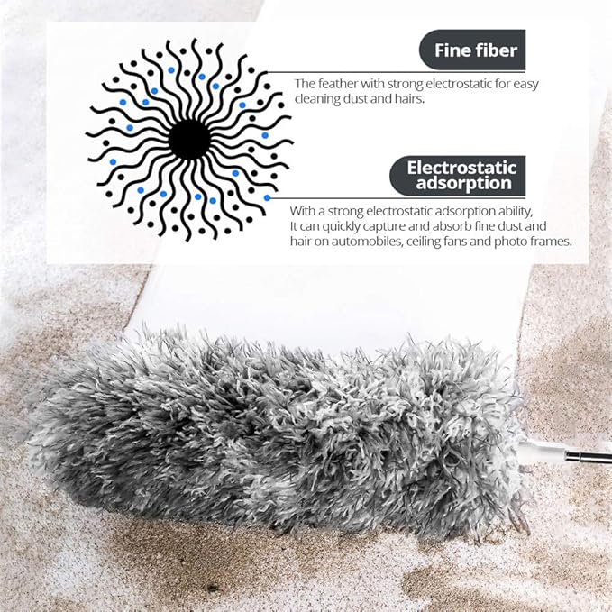 Webster Cobweb Duster, Feather Duster for Home, Extendable Dusters for Cleaning High Ceiling Fans, Hand Wall Duster, Long and Washable Dust Brush Gray
