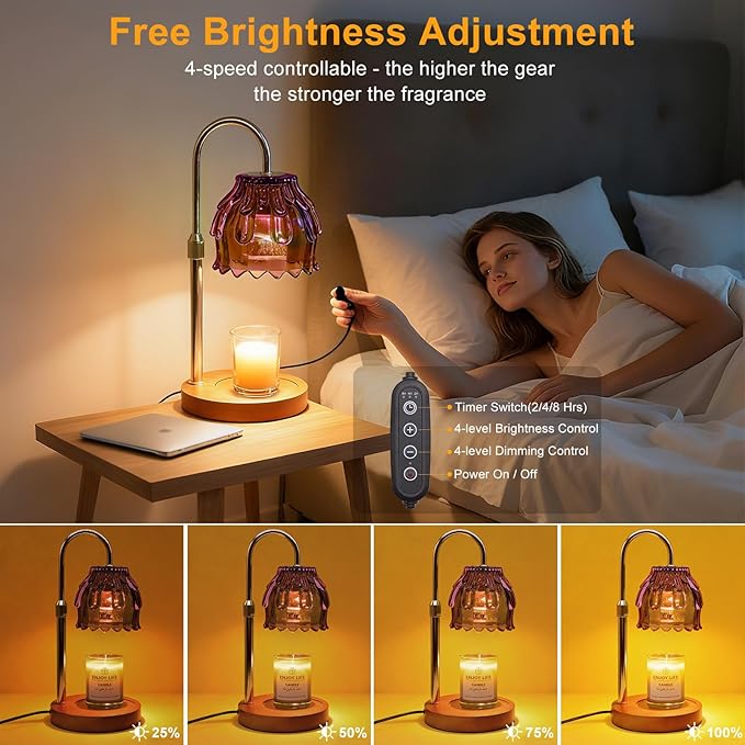 Candle Warmer Lamp with Timer and Dimmer 4-Level Dimmable Flower Light Heat Lamp for Jar Candles Adjustable Height Modern Cute Home Decor for Living Room Bedroom and Best Gift for Friends Lover.Purple