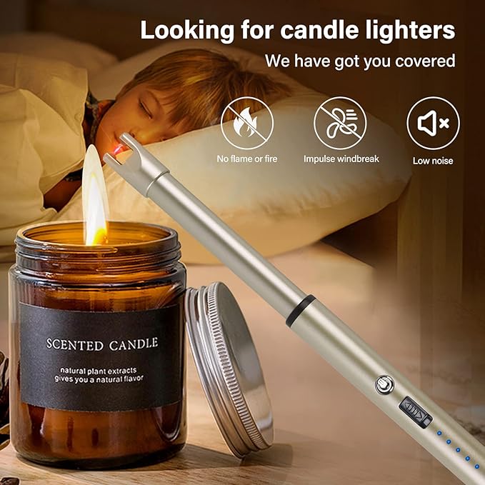 Navpeak Electric Candle Lighter Windproof USB Rechargeable Flameless Long Neck Lighter for Candles Gas Stove Fireplace BBQ Kitchen Grills (Champagne Gold)
