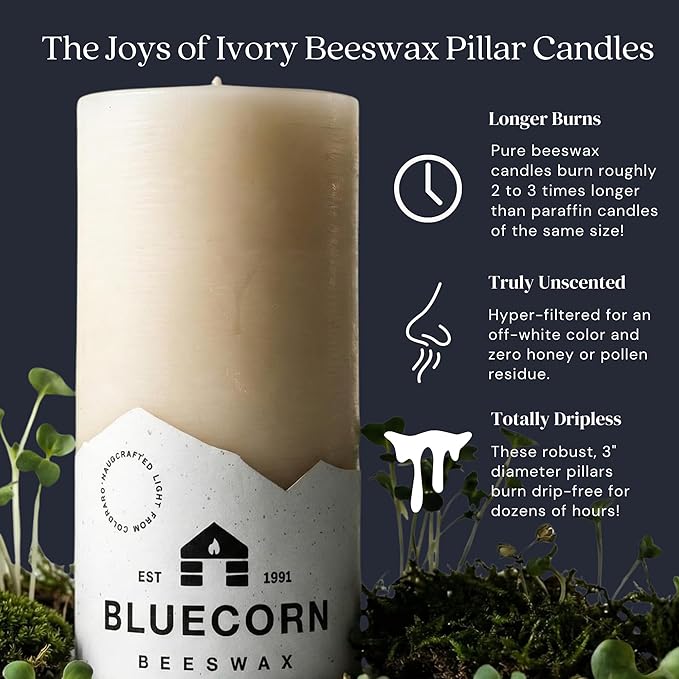 Bluecorn Beeswax Pillar Candle, 100% Pure Natural Bees Wax, Ivory White 3x4 Candle, Clean Burning & Dripless, Long Lasting (60 Hrs), Paraffin, Soy & Fragrance Free, Home Decor, American Made, 1 Count