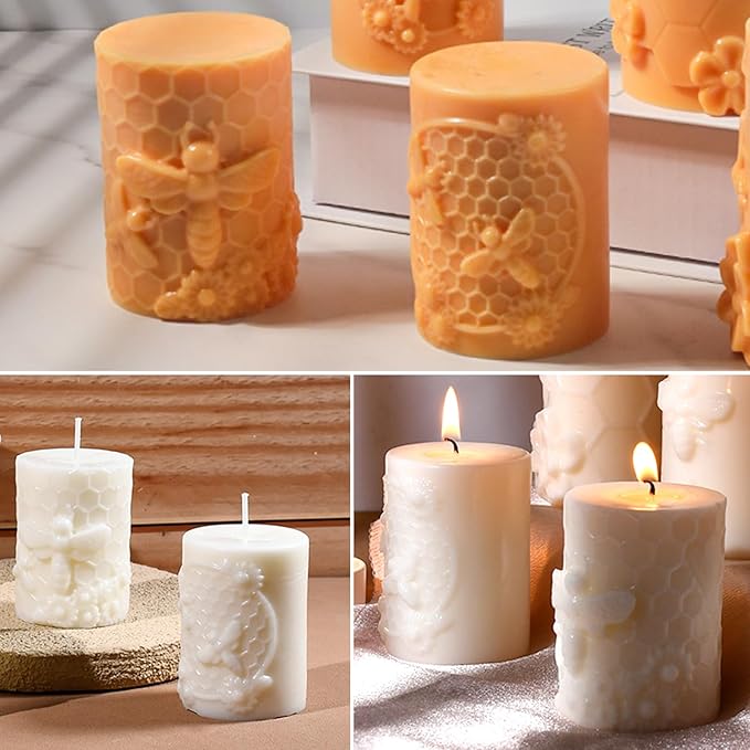 Wehous 2PCS Bee Candle Mold, Bee Honeycomb Flower Cylinder Silicone Molds for Resin Candle Soap Wax Beeswax, Unique Epoxy Casting Clay Art Craft Mould Kit DIY Home Decor