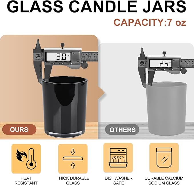 Thick Candle Jars for Making Candles 16 Pcs, 7 OZ Empty Jars with Wood Lids for Candle Making, Sample Container, Inner Black