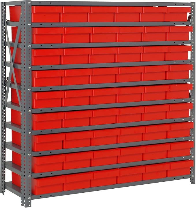 Quantum Storage Systems 1239-401RD Solid Heavy Duty 10 Shelves 54 Super Tuff Euro Red Bins 39" H x 36" W x 12" D