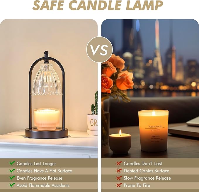 GyroVu Candle Warmer Lamp with Timer, 3-Level Dimmable Candle Lamps Vintage Glass Shade, Candle Warmer Light Wax Melt Warmer for Scented Wax, Black Warmer Lamp for Women Home Decor (2 Bulbs Included)