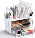 LALOBLUE White Acrylic Desk Organizer with Drawer & File Holder, Stackable Modular Storage System, Multi-Layer Desktop Organizer, Space Saving Desk Organizer for Home Office & Study