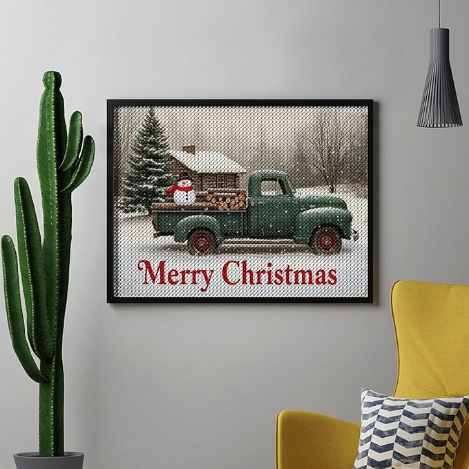 AIVKIEJK Diamond Painting Kits for Adults - Christmas Truck with Snowman & Cabin Winter Painting DIY 5D Full Drill Diamond Dots Paintings with Diamonds Gem Art and Crafts Home Decor 12"x16"