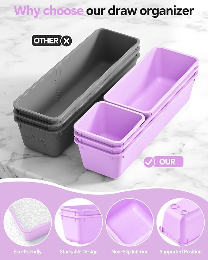 Canfanni 13 Pack Plastic Drawer Organizers Set, 3 Sizes Desk Drawer Organizer Trays for Vanity and Makeup Organizer, Organization and Storage for Makeup, Kitchen Utensils, Bathroom and Office(Purple)