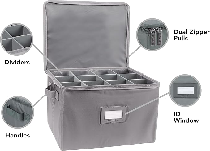 Covermates Cup and Mug Storage Box with Dividers, Stackable Organizer for Coffee Mugs & China Cups, Heavy-Duty Polyester with Handles, Zipper Closure & ID Window, Graphite