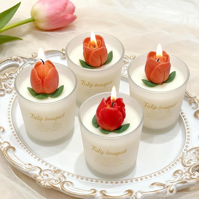 4 PCS Tulip Candle Molds with Leaf Mold, 3D Tulip Flower Silicone Molds for Candles Making Handmade Soap Clay Plaster Epoxy Resin Casting Home Decorations Mothers Day Gift