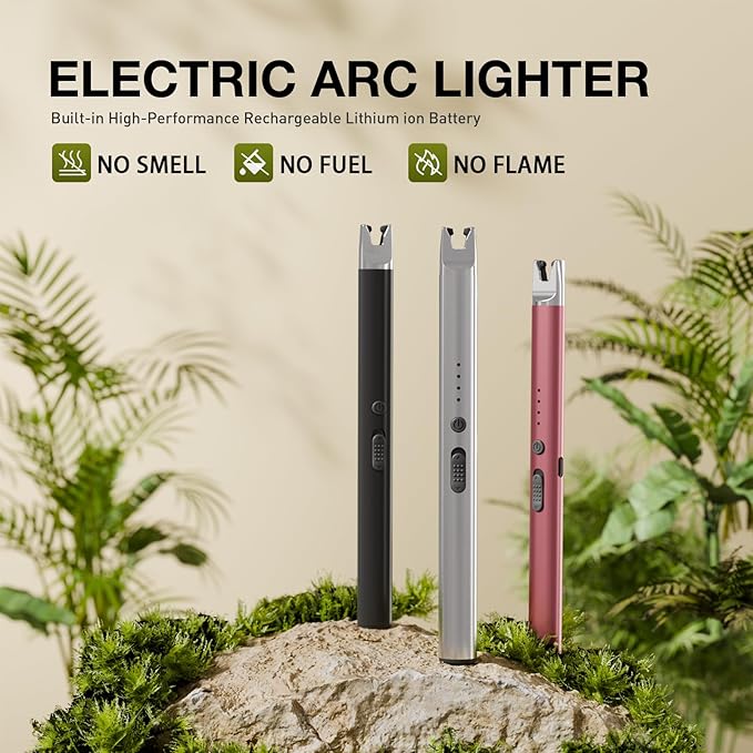 3-Pack Long Stem Electric USB C Rechargeable Plasma Candle Lighter, Windproof Arc Lighter with Safety Lock for Candles, Gas Stoves, Firestarter, Gift Set (Black, Rose Gold, Chrome)