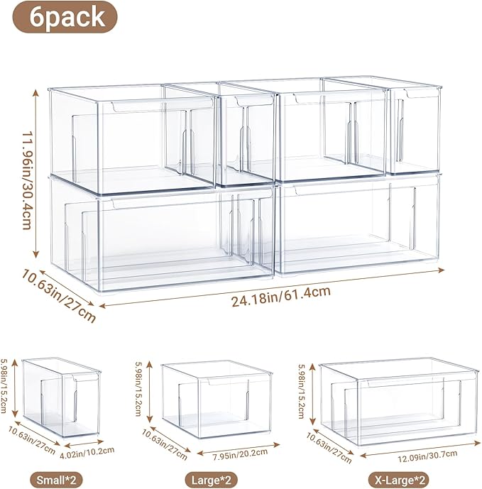 Clear Plastic Storage Bins with Dividers for Fridge Pantry Organizers and Storage Containers, 6 Pack Large Acrylic Stackable Sturdy Storage Boxes for Home Edit and Cabinet Organizers C6-4