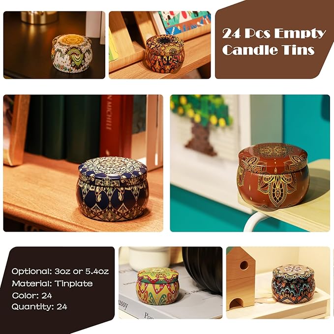MeiGlow Empty Candle Tins for Making Candles, 24 Pack 3 oz with Lids, Cotton Wicks, Wick Stickers and Holders
