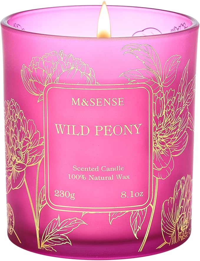 M&SENSE Wild Peony Floral Soy Candles, Vegan Subtle Scented 8.1oz 42-Hour Long Lasting, Non Toxic Candle for Bathtub Date Night Romance, Winter Home Fragrance Gifts for Women