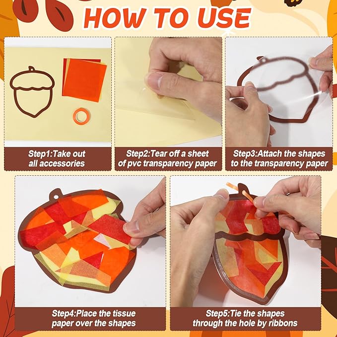 Qyeahkj 36 Set Fall Acorn Suncatchers Crafts for DIY Autumn Window Tissue Paper Craft Kit Hanging Decor for Thinkgiving Home Activity Art Project Birthday Party Favor Gift