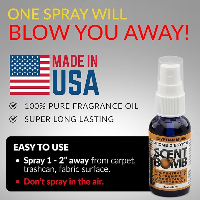 Scent Bomb Air Freshener Spray, Long-Lasting Odor Eliminator - Effective Deodorizer for Home & Car, Fresh Room Spray for Kitchen, Bathroom & Smell Neutralizer - 1 oz Pack of 4, Egyptian Musk Scent