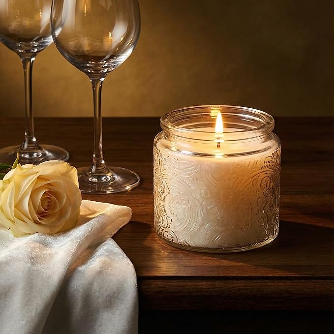 9-Pack 10 oz Sun Moon Star Embossed Glass Candle Jars with Mirror Lids and Labels - Unique Clear Candle Containers with Lids for Candle Making