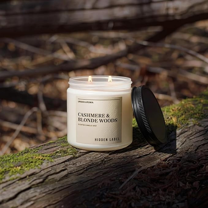 Cashmere Blonde Woods Soy Candle, 12oz Natural Soy Wax, 2 Wick Aromatherapy Candles for Home Scented, 70Hours Clean Burn, Non Toxic, Long Lasting, Gifts for Women, Men, Stress Relief, Relaxation