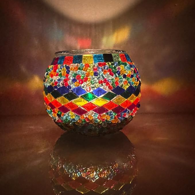 BYTURKISHLAMPS DIY Turkish Mosaic Candle Holder Kit & 1 Glass + 1LB+ Mosaic Tiles and Beads Bulk, Make Your Own Creative Glass and Garden Craft, Making Table Tealight for Adults, Teens, Family, Couple