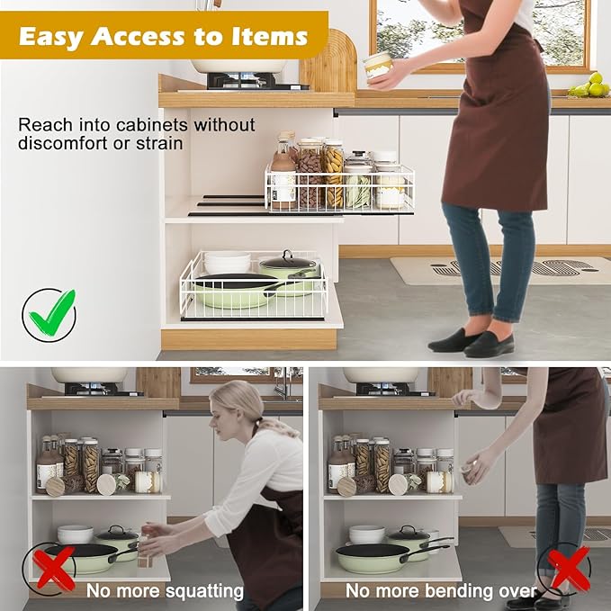 REALINN 2 Pack Pull Out Cabinet Organizer, Expandable(12"-20") Slide Out Drawers 3 Slide Rails Fix with Adhesive or Screw, Roll Out Shelves for Kitchen Cabinet Organization, White, 12cm height