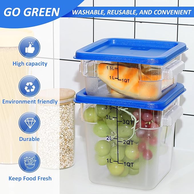 Yungyan 8 Pcs Restaurant Food Storage Containers with Lids Set 2Qt and 4Qt Commercial Restaurant Square Storage Containers Clear Food Cereal Container for Kitchen Freezer (Blue Lids)