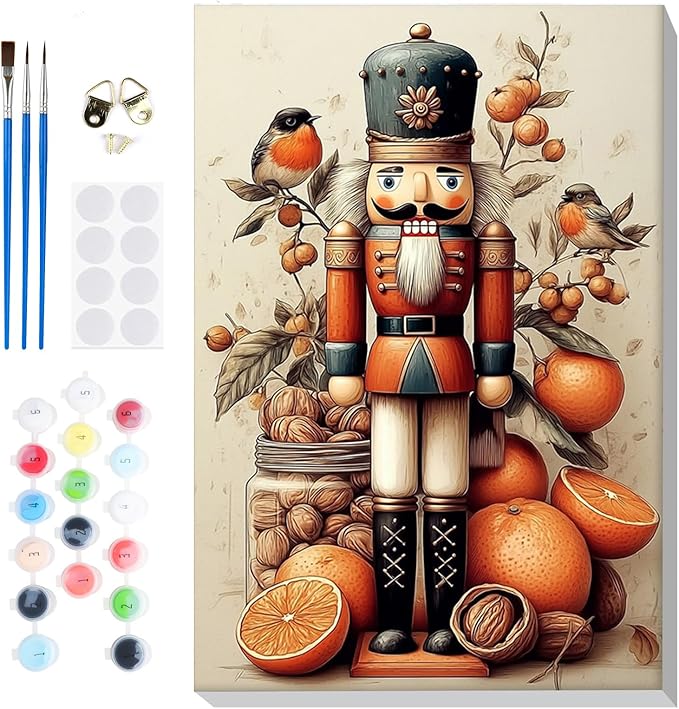 Bowetile Christmas Paint by Numbers for Adults Beginners Framed, Adults' Paint-by-Number Nutcracker Kits on Canvas, Acrylic Number Painting Christmas Gifts for Home Wall Decor, 8x12in