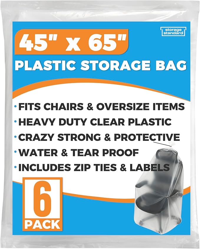 Storage Standard Large Clear Plastic Bags for Storage 6-Pack - Waterproof Extra Large Plastic Bags with Zip Ties, Heavy-Duty Cover for Rugs, Patio Cushions, Décor & Oversized Items - 45 x 65 Inches