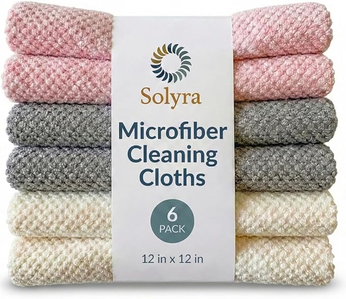 Solyra Oeko-Tex Certified Microfiber Cleaning Cloths – Non-Toxic, Safe for Family & Pets – 6 Pack Kitchen Rags for Counter – 12x12 in, Lint-Free, Absorbent Dish Towels, Dusting Cloths