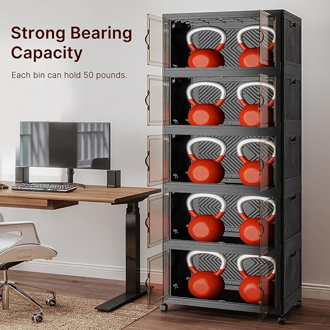Stackable Storage Bins with Lids & Wheels & Door, Foldable Collapsible Closet Organizers, Extra Large Plastic Storage Drawers for Bedroom Dorm Office Garage (Dark-112QT, 5Pack with 1 top lid)