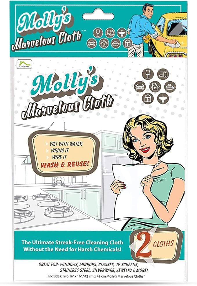 Molly's Marvelous Cloth, Streak-Free, Lint-Free Microfiber Cleaning Cloth, Polishing Cloth for Glass, Stainless Steel, Use for Kitchen, Bath, Cars, Detailing, Reusable (2pk, White)