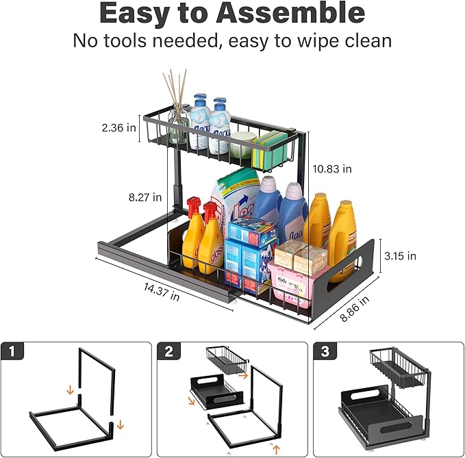 Under Sink Organizer 2 Tier, Pull Out Drawer Slides Under Sink Storage for Bathroom Kitchen,Multi-Purpose Drawer Under Cabinet Organizer for Cleaning Supplies (Black, 1 Pack)
