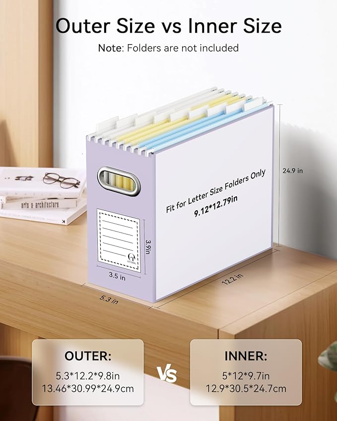 Oterri File Organizer Box, Portable Collapsible Cardboard File Folder Organizer with Handle for Letter Size Hanging Files, Document Storage Box for Home Office & Classroom (4 Packs, Purple)