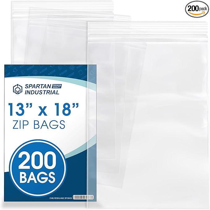 Spartan Industrial - 13” X 18” (200 Count) 2 Mil Clear Reclosable Zip Plastic Poly Bags with Resealable Lock Seal Zipper