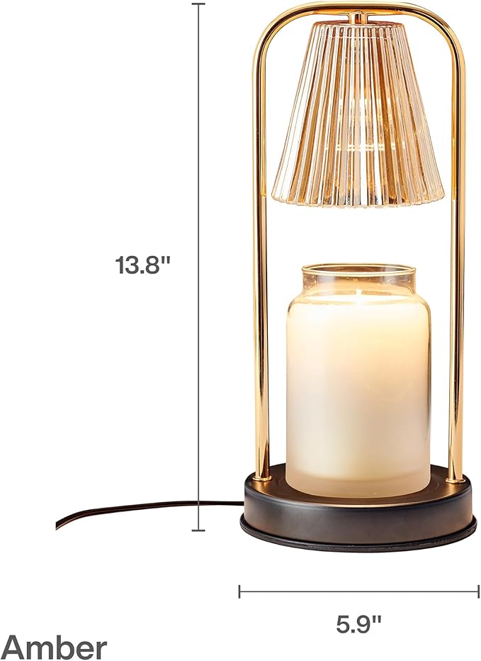 Mikasa 13.8 Inch Electric Candle Warmer Lamp with Amber Glass Shade and Wooden Base - Flameless Candle Melter with Dimmer Control for Home Decor and Fragrance, 50W Halogen Bulb Included