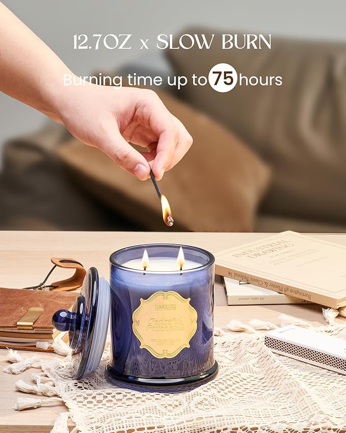 M&SENSE Peaceful Patchouli Soy Candles for Home Scented, Organic Non Toxic 2 Wick 12.7oz 75 Hour Long Lasting, Winter Candle for Spa Meditation Relaxation, Housewarming New Year Gifts