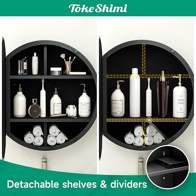 TokeShimi 26 x 26 Round Medicine Cabinet with Mirror, Brushed Nickel Circular Bathroom Medicine Cabinet with Stainless Steel Metal Frame, Detachable Shelves, Shatterproof, Wall Mounted Only