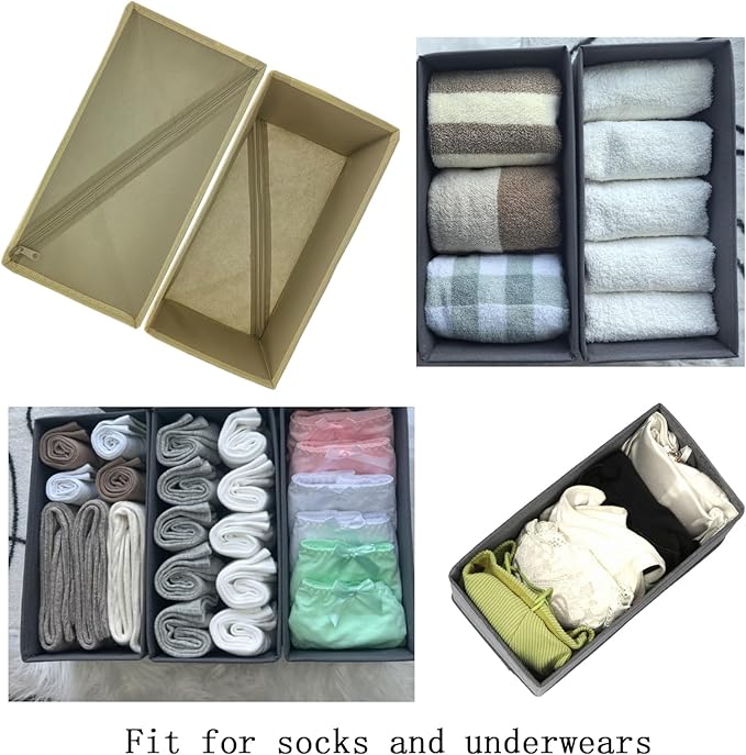 Sock Drawer Organizer 6 Pack - Collapsible Fabric Storage Bins for Underwear Divider, Small Closet Organizers with 6 Compartments, Khaki