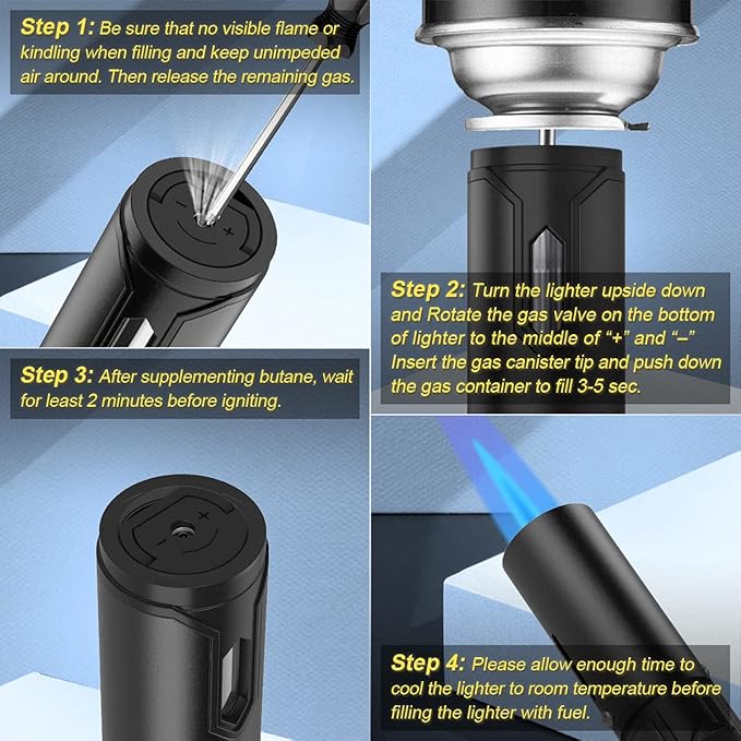 Torch Lighter, Butane Lighter 6.0in Long with Fuel Level Window, Windproof Pen Adjustable Jet Flame for Grill Candle Kitchen Fireplace Camping BBQ, Men Gifts, Silver. (Gas not Included)