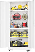 Greenvelly 73" Metal Storage Cabinet with Wheel, Lockable White Metal Garage Cabinets with 2 Doors and 4 Adjustable Shelves, Rolling Steel Tool Cabinet for Garage, Home Office, School
